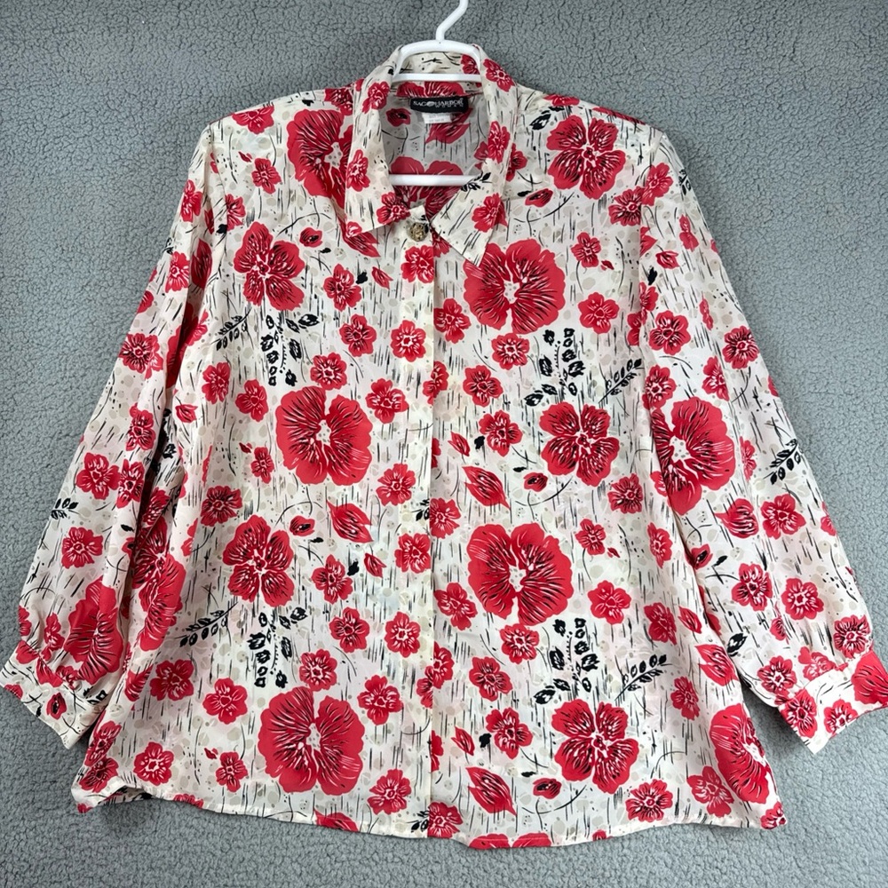 Sag Harbor Womens 24W Button Up Blouse Long Sleeve Poppy Floral Vibrant Bold